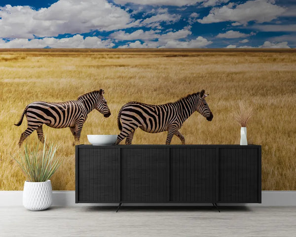 Papier peint Papier peint zèbres dans la savane réaliste, aux chaudes