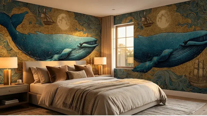 Gros plan sur le Papier Peint Baleine Volante et Bateaux Oniriques révélant les textures aquarelle délicates d'une baleine en plein vol céleste entourée de bateaux miniatures aux lanternes dorées brillant dans la brume du soir