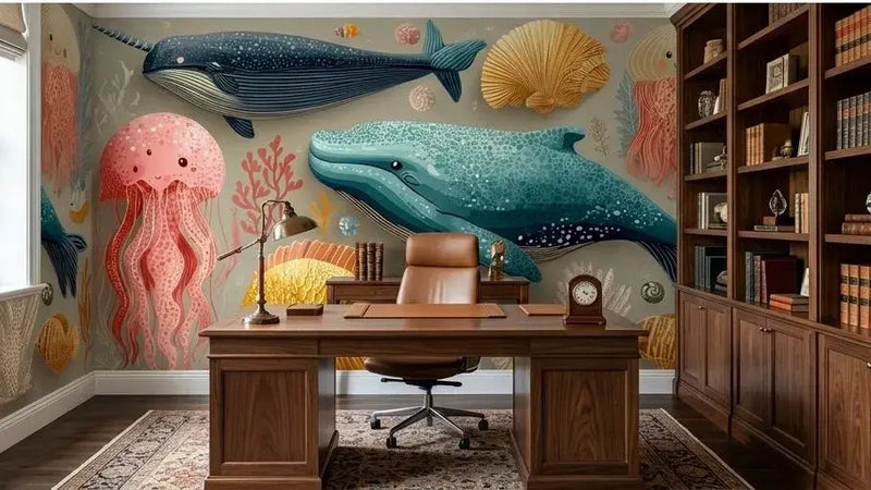 Vue panoramique d'un mur recouvert de Papier Peint Baleine et Animaux Marins Enfant illustrant une scène océanique immersive avec une grande baleine, des raies manta et des algues ondulantes dans des teintes douces et apaisantes