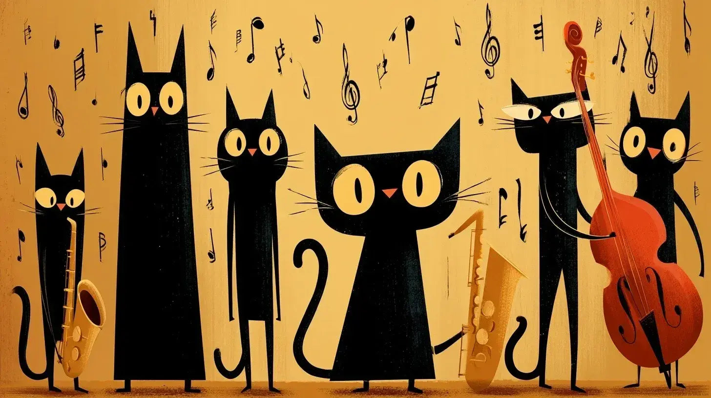 Papier Peint Chat Orchestre de Jazz Jaune et Noir représentant des chats musiciens élégants en smoking jouant de la trompette et du saxophone sur fond noir et jaune vif