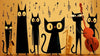Papier Peint Chat Orchestre de Jazz Jaune et Noir représentant des chats musiciens élégants en smoking jouant de la trompette et du saxophone sur fond noir et jaune vif