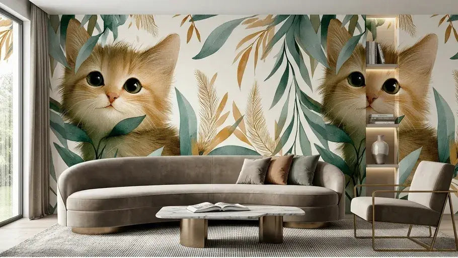 Gros plan sur un Papier Peint Chat Aquarelle et Feuillage Poétique aux nuances douces de bleu et vert avec un chat rêveur niché parmi un feuillage luxuriant
