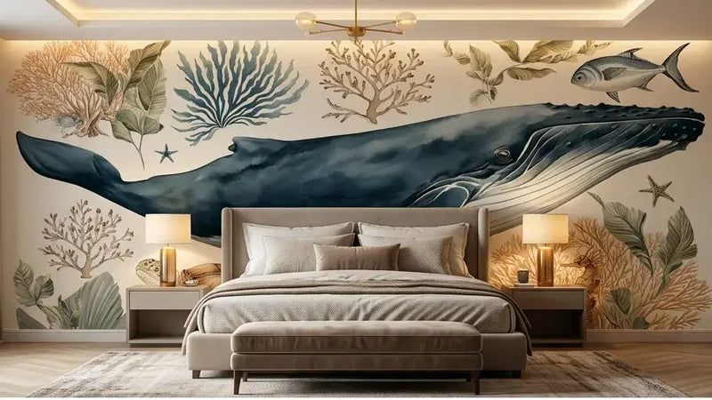 Vue panoramique d'un Papier Peint Baleine et Animaux Marins Aquarelle déployé sur un grand mur, avec une baleine à bosse élégante plongeant parmi des bancs de poissons multicolores aux reflets aquatiques