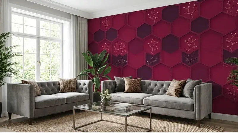 Détail en gros plan d'un Papier Peint Bordeaux Géométrique déployant des formes hexagonales entrelacées dans une riche teinte rouge bordeaux veloutée