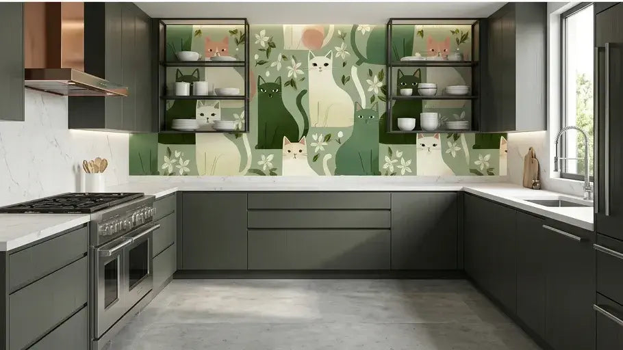 Décoration murale chambre avec Papier Peint Chat Blanc et Fleurs Vert Sauge illustrant un chaton blanc aux yeux expressifs entouré de fleurs sauvages vert sauge en pleine floraison