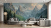 Vue rapprochée du Papier Peint Panoramique Dragon Vert et Montagnes Enneigées installé sur un mur de salon moderne, dévoilant les détails fins des crêtes montagneuses recouvertes de neige immaculée et la silhouette puissante du dragon
