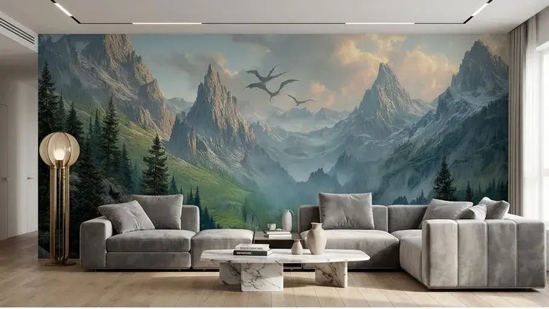 Vue rapprochée du Papier Peint Panoramique Dragon Vert et Montagnes Enneigées installé sur un mur de salon moderne, dévoilant les détails fins des crêtes montagneuses recouvertes de neige immaculée et la silhouette puissante du dragon