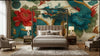 Chambre à coucher de style asiatique mise en valeur par un Papier Peint Dragon Chinois Traditionnel Crème et Rouge posé en tête de lit, illuminé par une lumière tamisée qui fait ressortir les teintes rubis et ivoire