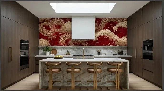 Papier Peint Japonais Dragon Rouge et Or décorant un salon élégant aux murs sombres, où le dragon sinueux s'étire sur toute la hauteur du mur avec des reflets métalliques or intense et vermillon profond