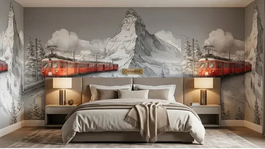 Détail haute résolution du Papier Peint Panoramique Mont Cervin illustrant les textures givrées des parois verticales et les reflets nacrés de la neige éternelle au crépuscule