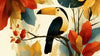 Papier Peint Toucan aux Feuilles d'Ocre et d'Or ornant un salon élégant, avec un toucan aux couleurs vives perché parmi des feuilles dorées et ocre luxuriantes sur un fond sombre et raffiné