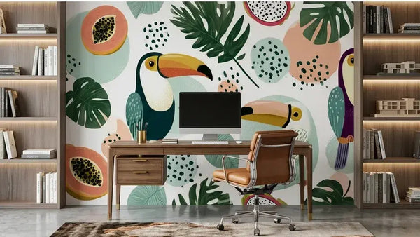 Échantillon texturé du Papier Peint Toucan et Fruits Tropicaux Blanc présentant la qualité du papier mat haut de gamme sur lequel s'épanouissent des illustrations botaniques vibrantes de fruits et d'oiseaux tropicaux