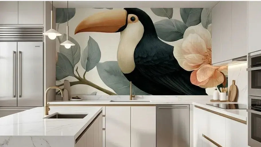 Chambre bohème décorée avec le Papier Peint Toucan Poétique aux Feuilles Vertes et Dorées, créant une atmosphère jungle poétique où les grandes feuilles vertes et les accents or illuminent l'espace