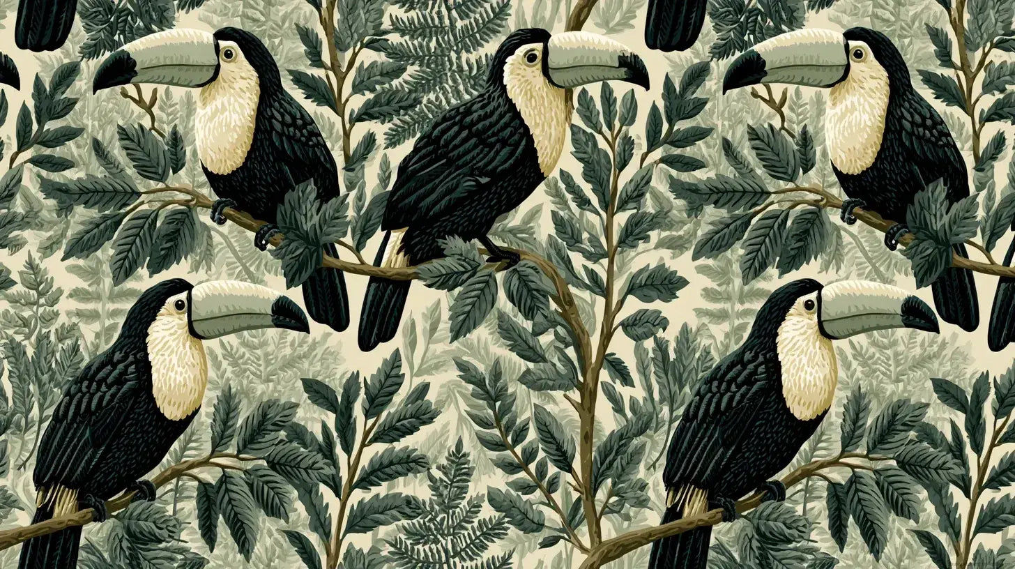 Papier Peint Toucan et Feuillage Sauvage Vintage aux tons chauds ocre et vert profond, illustrant un grand toucan au bec coloré perché parmi des feuilles tropicales luxuriantes sur fond crème vieilli