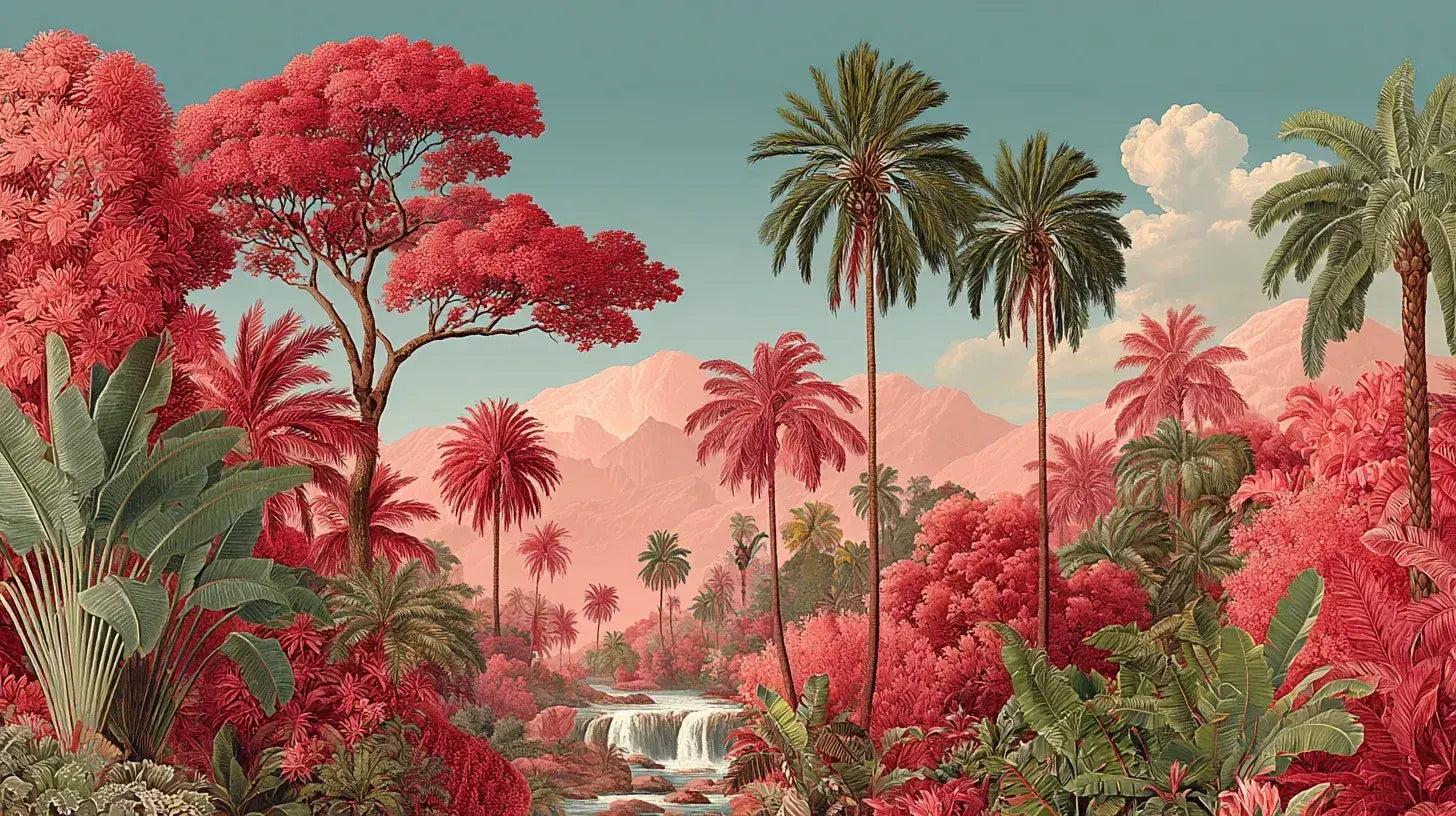 Papier Peint Jungle Rouge Toile de Jouy aux motifs botaniques exotiques avec feuilles tropicales et animaux sauvages imprimés en rouge profond sur fond ivoire crème