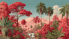 Papier Peint Jungle Rouge Toile de Jouy aux motifs botaniques exotiques avec feuilles tropicales et animaux sauvages imprimés en rouge profond sur fond ivoire crème