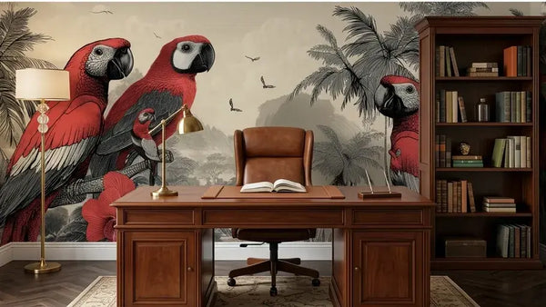 Installation murale de papier peint panoramique perroquet fond noir à dominante beige jungle, où des perroquets rouges aux plumes feu s'épanouissent au milieu de palmes, bananiers et fleurs exotiques en plein essor