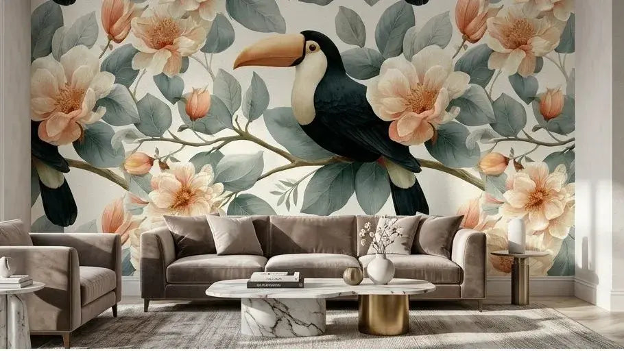 Gros plan du Papier Peint Toucan Poétique aux Feuilles Vertes et Dorées révélant des détails artistiques exquis, avec des plumes multicolores du toucan contrastant magnifiquement avec le feuillage doré scintillant