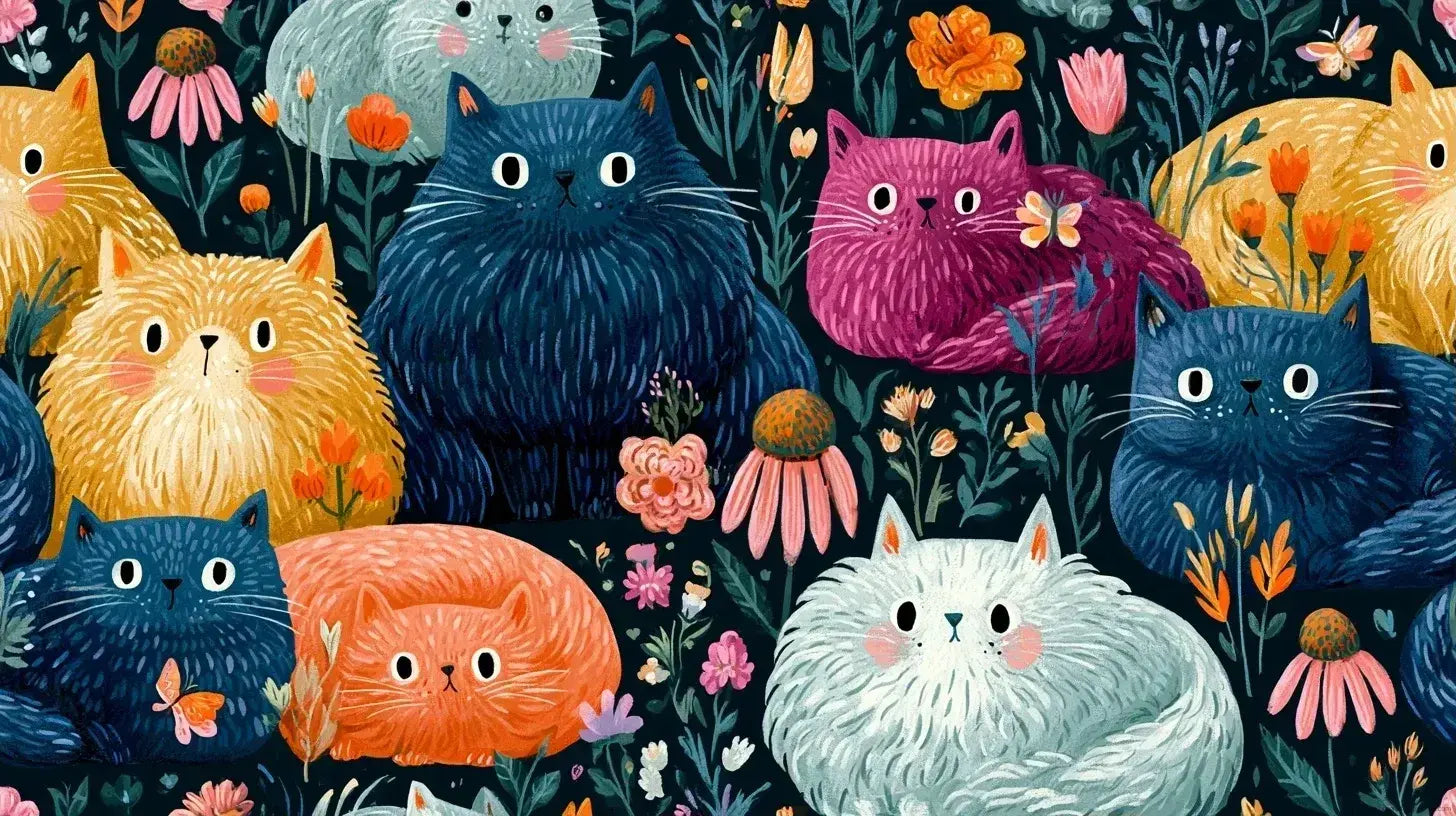 Papier peint chat dans un jardin fleuri vintage représentant un élégant félin roux allongé parmi des roses épanouies aux tons pastels et des feuillages délicats aux reflets dorés
