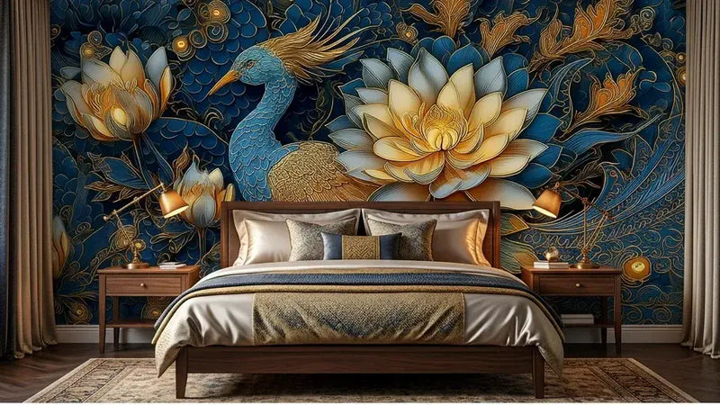 Rouleau de Papier Peint Dragon Bleu et Or aux Fleurs de Lotus partiellement déroulé sur une table en bois, dévoilant son motif répétitif de dragons mythiques et de fleurs de lotus nacrées