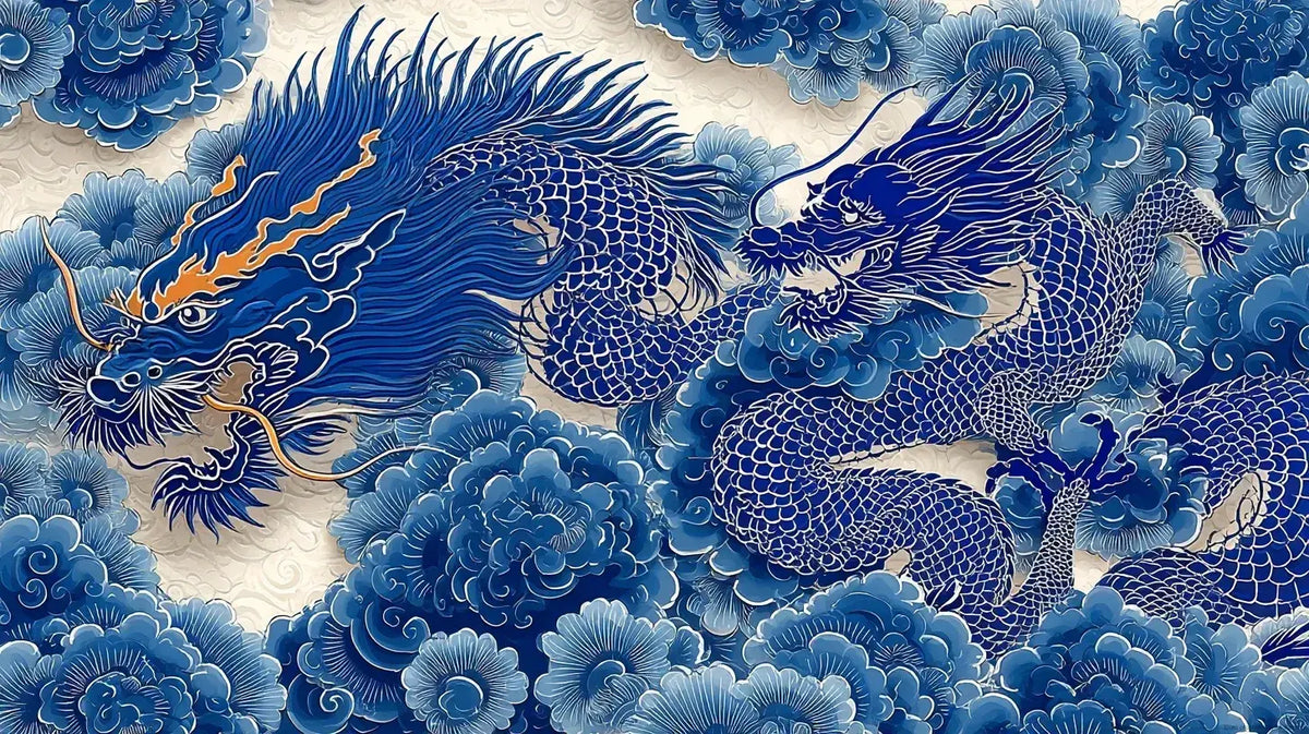 Papier Peint Dragon Chinois Bleu et Blanc aux motifs traditionnels finement détaillés sur fond blanc immaculé, idéal pour une décoration murale élégante