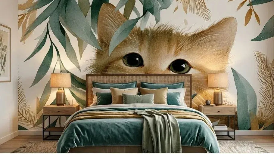 Détail artistique d'un Papier Peint Chat Aquarelle et Feuillage Poétique illustrant un chat aux yeux vifs entouré de branches feuilletées aux couleurs automnales aquarellées