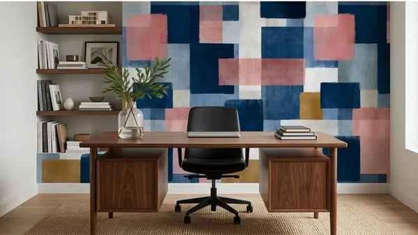 Chambre élégante mise en valeur par un papier peint carreaux bleu et rose au style scandinave dont les nuances fraîches et romantiques créent une ambiance apaisante et tendance