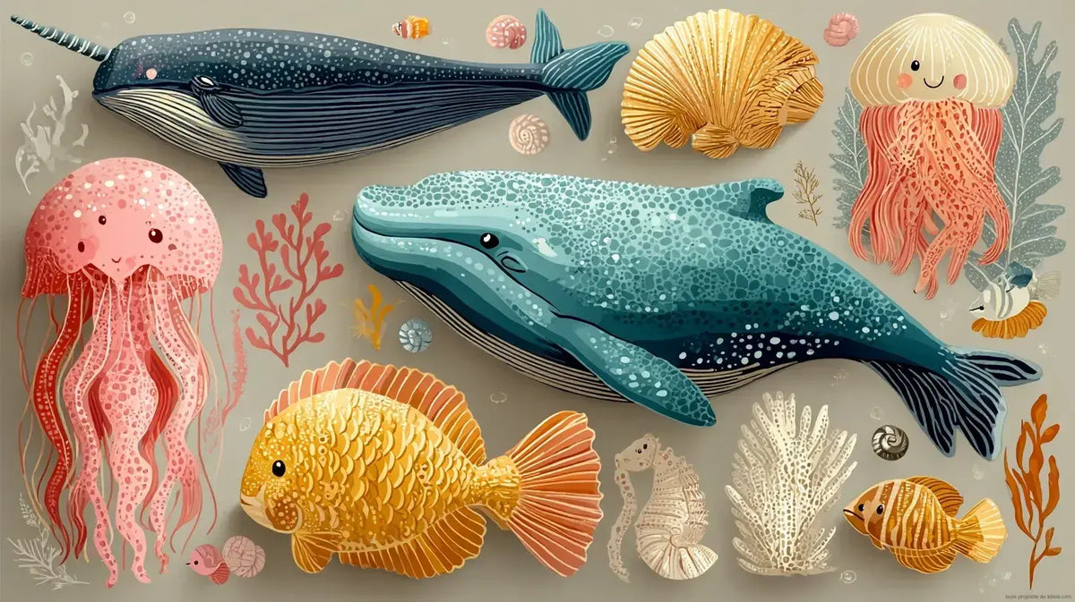 Papier Peint Baleine et Animaux Marins Enfant représentant une majestueuse baleine bleue entourée de poissons colorés et d'étoiles de mer sur fond océanique pastel pour chambre d'enfant