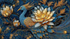 Papier Peint Dragon Bleu et Or aux Fleurs de Lotus représentant un majestueux dragon aux écailles azurées entrelacé parmi des fleurs de lotus dorées épanouies sur fond ivory