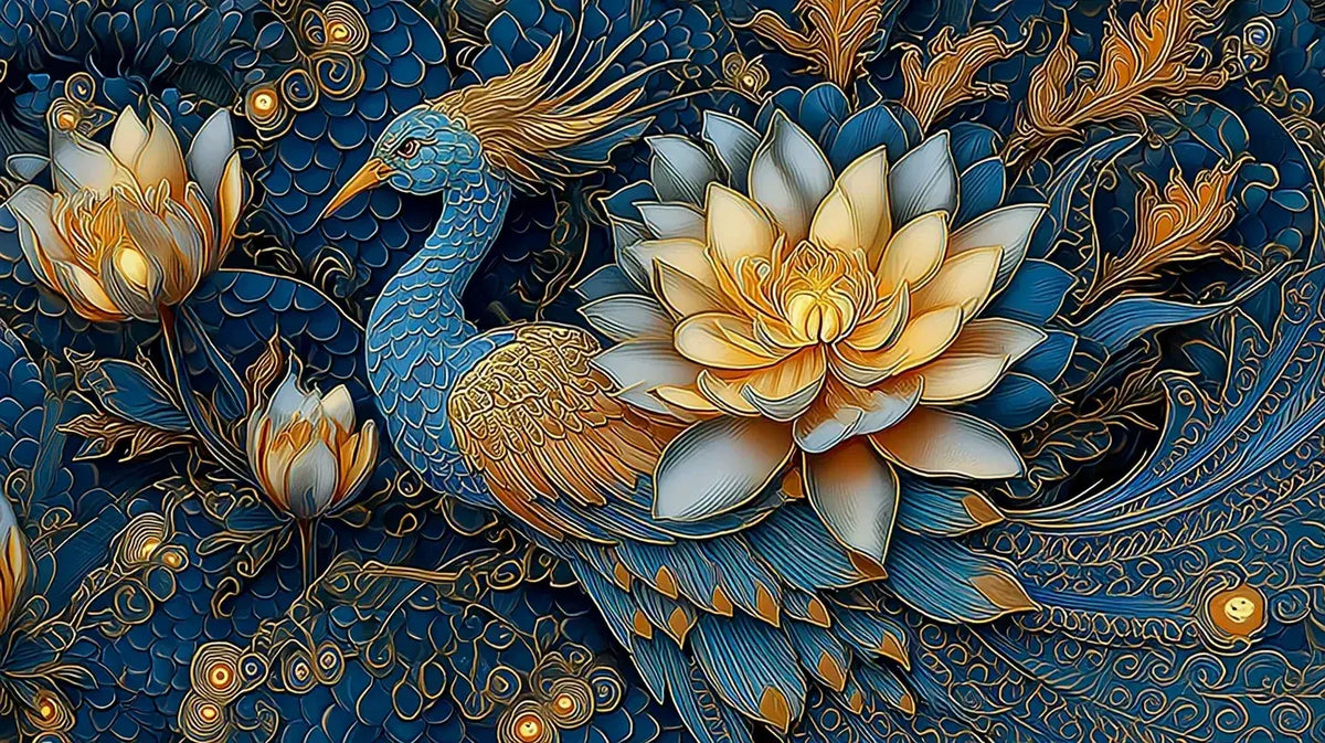 Papier Peint Dragon Bleu et Or aux Fleurs de Lotus représentant un majestueux dragon aux écailles azurées entrelacé parmi des fleurs de lotus dorées épanouies sur fond ivory