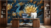 Fragment encadré du Papier Peint Dragon Bleu et Or aux Fleurs de Lotus illustrant un dragon sinueux aux nuances saphir et cobalt survolant un étang fleuri de lotus aux contours dorés