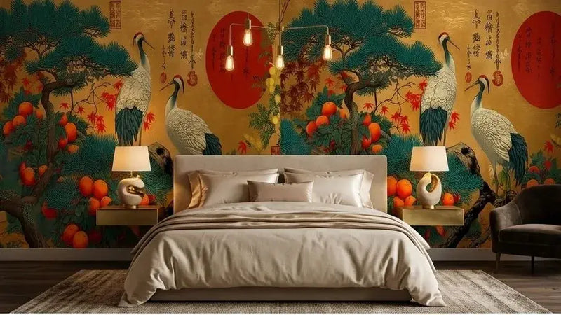 Vue panoramique d'un Papier Peint Japonais Oiseaux Fond Or illustrant des oiseaux exotiques perchés sur des branches de cerisier en fleurs sur fond or brillant