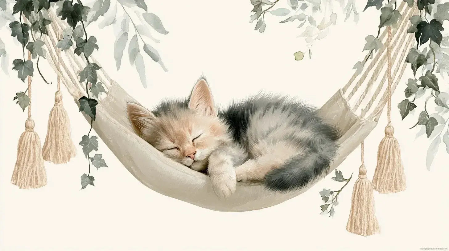 Papier peint chat mignon dormant dans un hamac, représentant un adorable félin aux yeux fermés bercé doucement dans un hamac coloré suspendu entre deux arbres