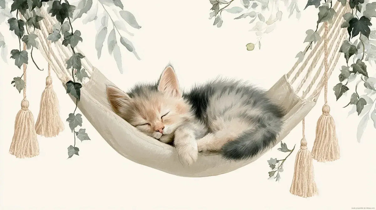 Papier peint chat mignon dormant dans un hamac, représentant un adorable félin aux yeux fermés bercé doucement dans un hamac coloré suspendu entre deux arbres