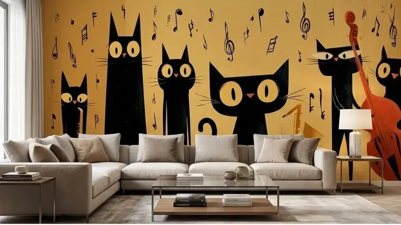 Illustration artistique Papier Peint Chat Orchestre de Jazz Jaune et Noir avec des félins anthropomorphes tenant des instruments de musique dans une ambiance rétro années 1920