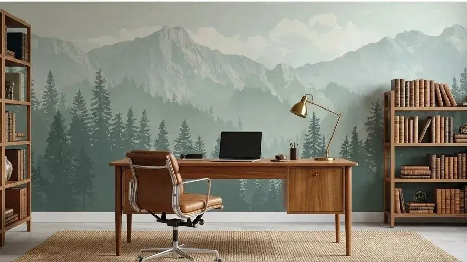 Papier Peint Panoramique Montagne Brume Vert affiché dans un bureau lumineux, ses teintes de vert sauge et jade évoquant une forêt de montagne silencieuse noyée dans le brouillard matinal
