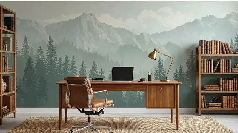 Papier Peint Panoramique Montagne Brume Vert affiché dans un bureau lumineux, ses teintes de vert sauge et jade évoquant une forêt de montagne silencieuse noyée dans le brouillard matinal