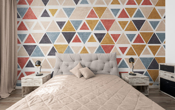 Papier peint Papier peint motifs géométriques bleu, rouge, jaune et marron géométrique abstrait scandinave,