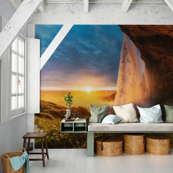 Papier peint Papier peint panoramique cascade et coucher de soleil chaudes et sereine