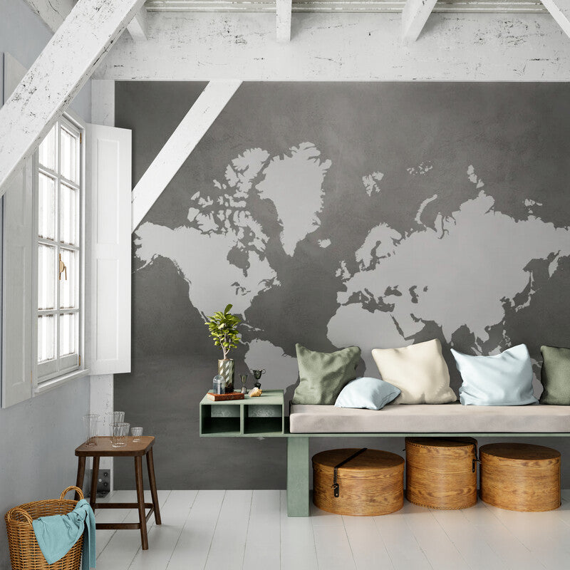 Papier peint Papier peint panoramique carte du monde effet ciment géométrique et scandinave,