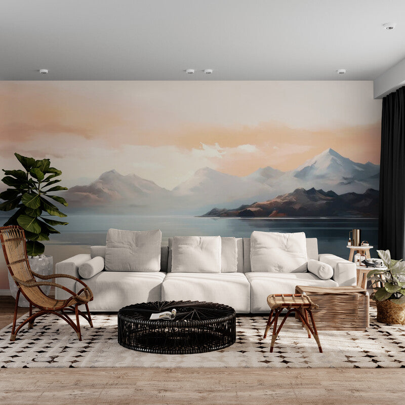 Papier peint Papier peint panoramique montagne et lac pastel crée une pastel