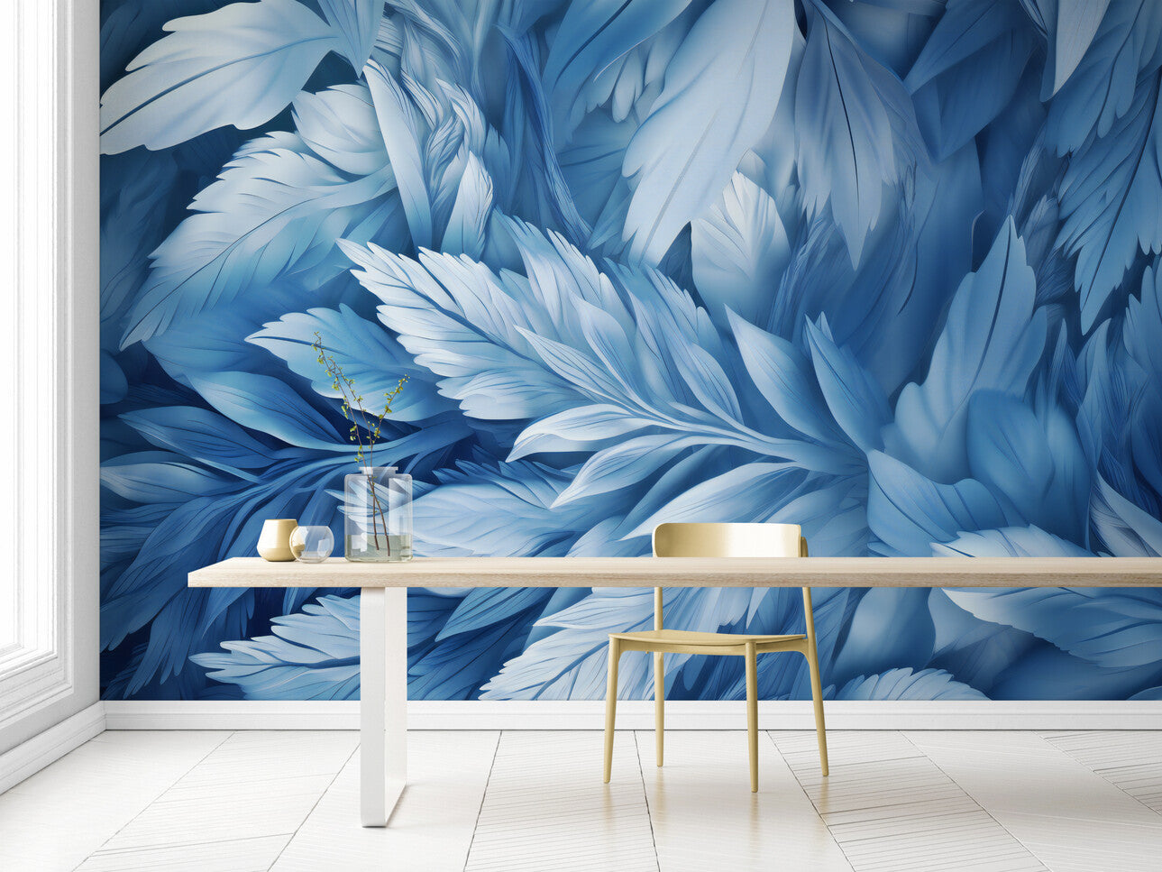 Papier peint Papier peint feuillage bleu design floral stylisé, scandinave,