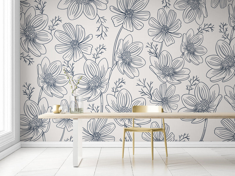 Papier peint Papier peint mur de fleurs noir et blanc floral délicat, scandinave,