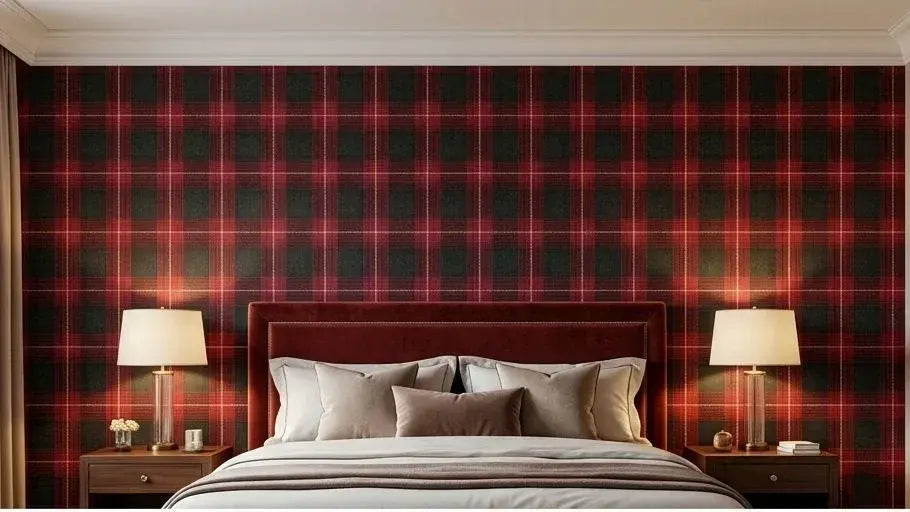 Chambre à coucher au style britannique classique ornée d'un Papier Peint Tartan Écossais Rouge et Noir, associé à des meubles en chêne sombre et une literie ivoire