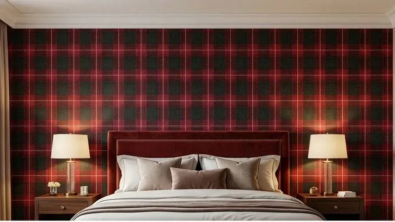 Chambre à coucher au style britannique classique ornée d'un Papier Peint Tartan Écossais Rouge et Noir, associé à des meubles en chêne sombre et une literie ivoire