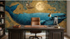 Papier Peint Baleine Volante et Bateaux Oniriques posé en ambiance dans un salon bohème avec une composition onirique mêlant une baleine argentée s'élançant vers les étoiles et des goélettes naviguant sur des vagues de nuages cotonneux