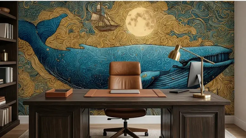 Papier Peint Baleine Volante et Bateaux Oniriques posé en ambiance dans un salon bohème avec une composition onirique mêlant une baleine argentée s'élançant vers les étoiles et des goélettes naviguant sur des vagues de nuages cotonneux