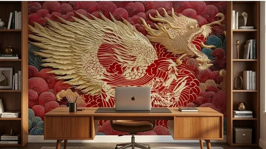 Vue panoramique d'un salon moderne transformé par un Papier Peint Dragon Japonais Rouge et Or aux motifs sinueux et aux ornements floraux de cerisiers en fleurs