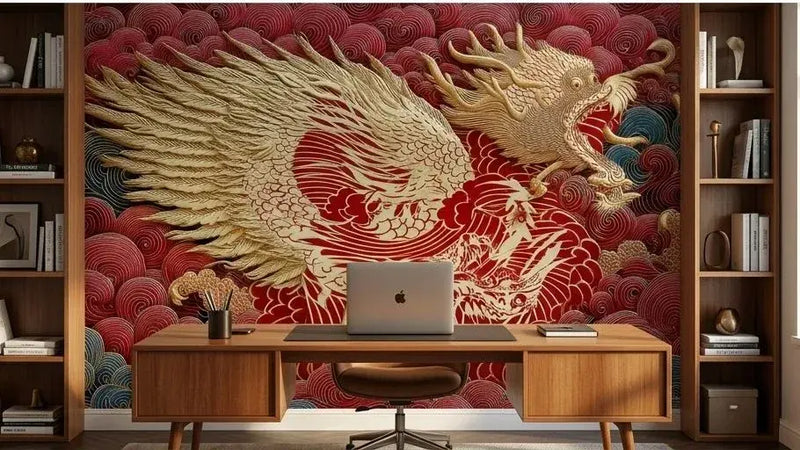 Vue panoramique d'un salon moderne transformé par un Papier Peint Dragon Japonais Rouge et Or aux motifs sinueux et aux ornements floraux de cerisiers en fleurs