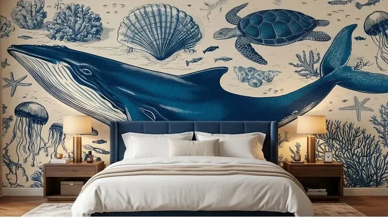 Vue détaillée du Papier Peint Baleine Bleue Abysses et Vie Marine posé sur un mur de salon, dévoilant une composition artistique d'une baleine bleue colossale entourée de créatures bioluminescentes dans l'obscurité des abysses